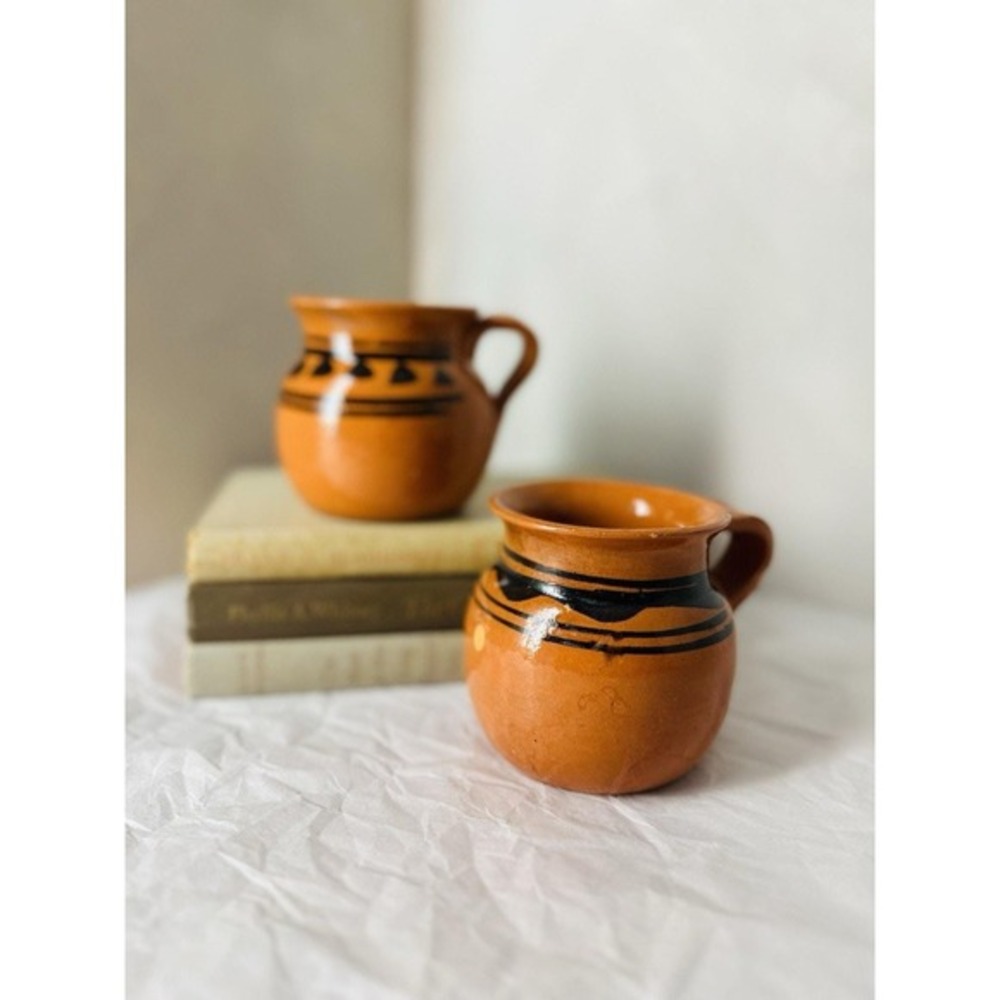 Vtg Handmade‎ Mexican Clay Mugs Set 2 Rustic Pottery